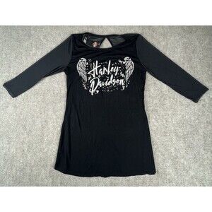 Harley Davidson Women’s Medium Black Sheer Top Jeweled 3/4 Sleeve. New With Tags